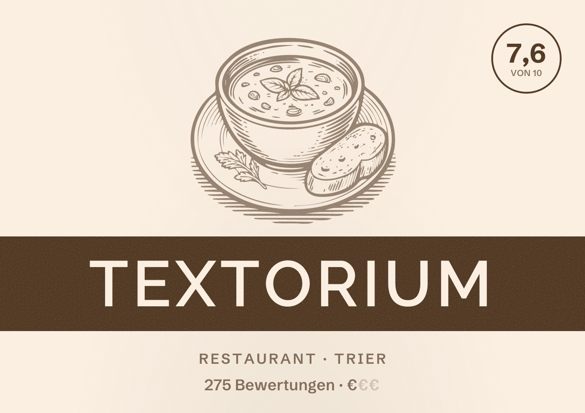 Illustriertes Poster von Textorium, Restaurant in Trier: Bewertung 7,6 von 10 aus 275 Bewertungen, Preisniveau €