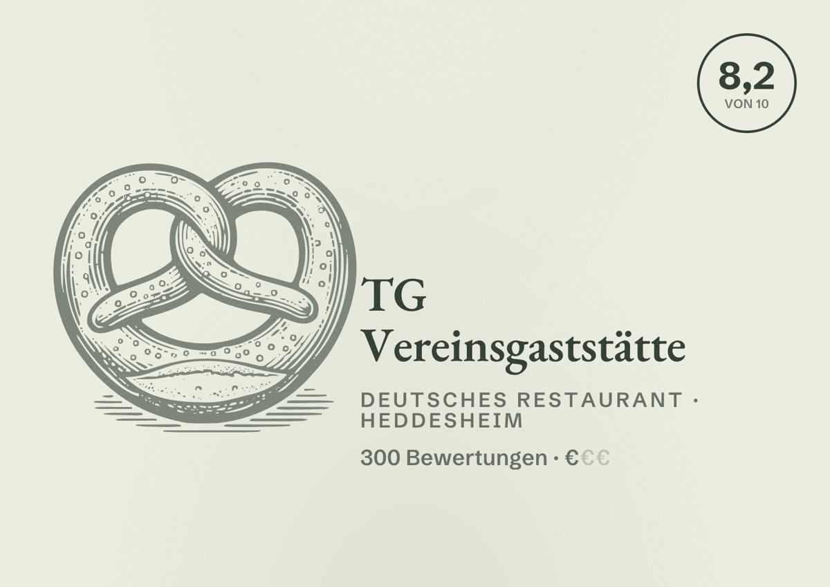Illustriertes Poster von TG Vereinsgaststätte, Deutsches Restaurant in Heddesheim: Bewertung 8,2 von 10 aus 300 Bewertungen, Preisniveau €