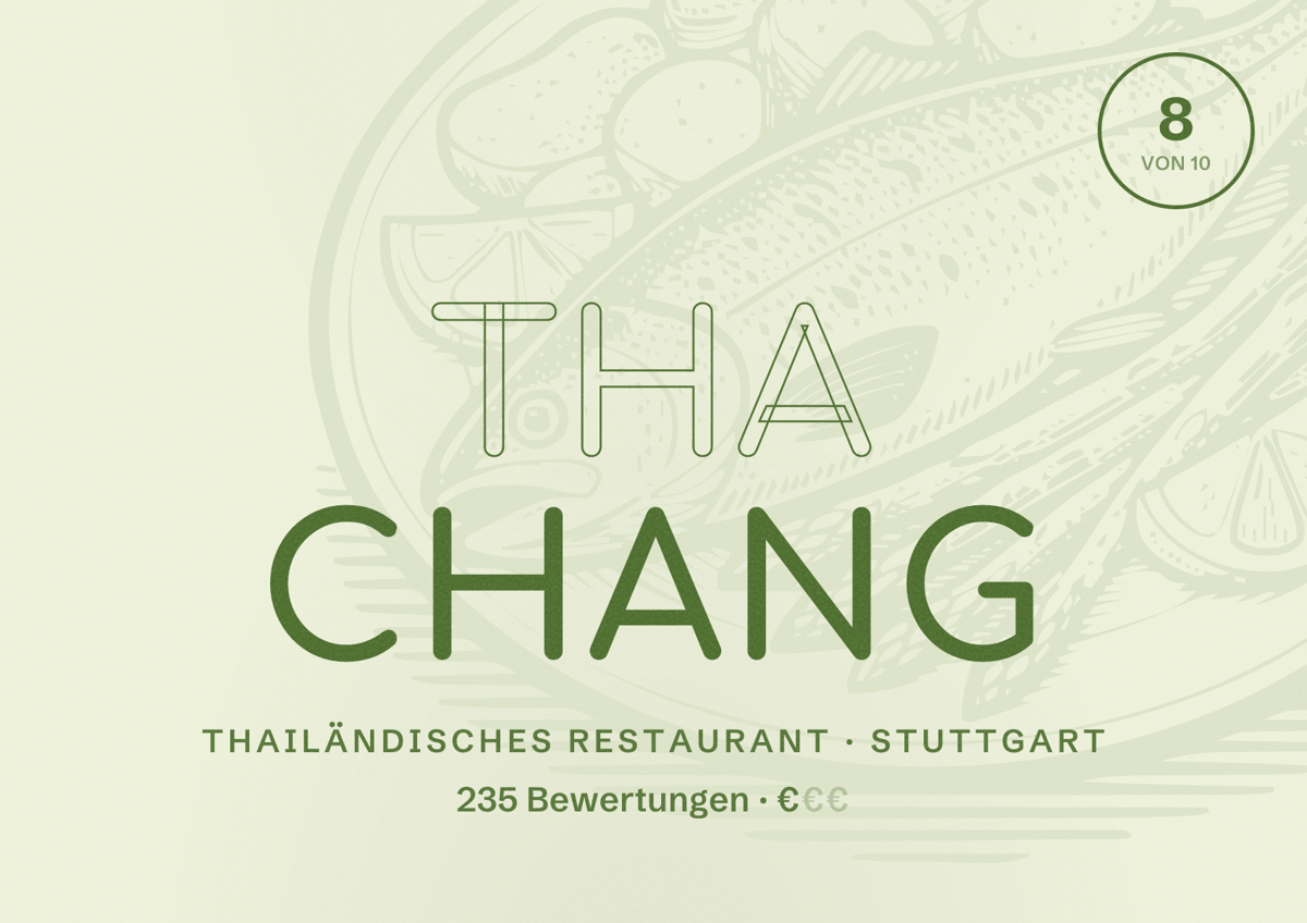 Illustriertes Poster von Tha Chang, Thailändisches Restaurant in Stuttgart: Bewertung 8,0 von 10 aus 235 Bewertungen, Preisniveau €