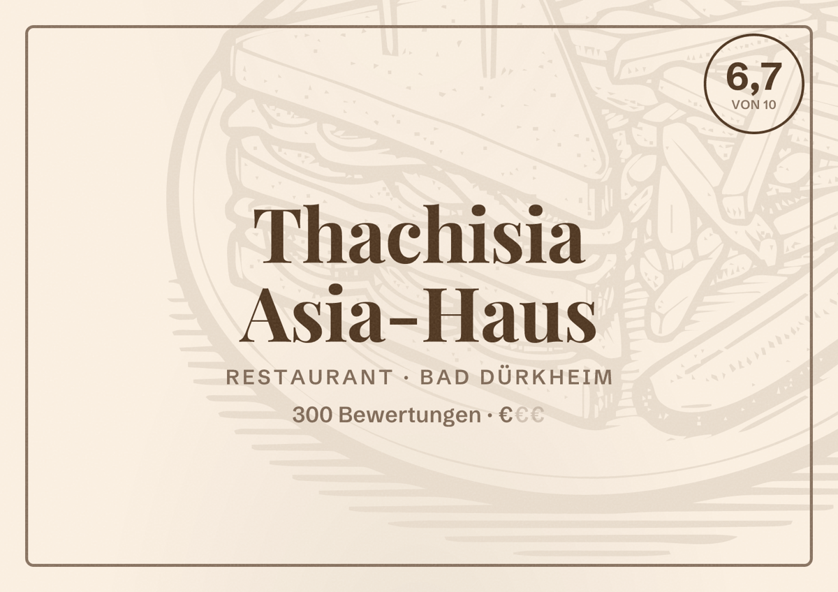 Illustriertes Poster von Thachisia Asia-Haus, Restaurant in Bad Dürkheim: Bewertung 6,7 von 10 aus 300 Bewertungen, Preisniveau €