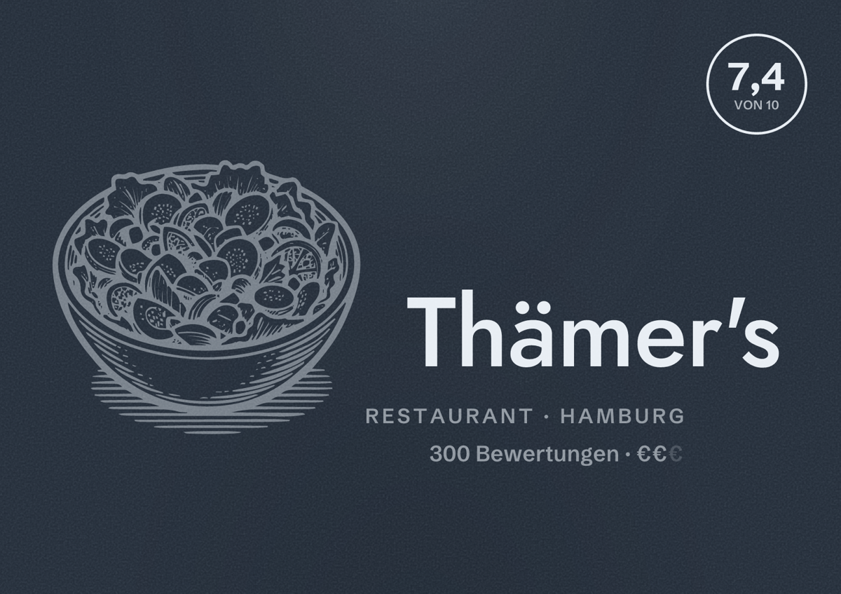 Illustriertes Poster von Thämer's, Restaurant in Hamburg: Bewertung 7,4 von 10 aus 300 Bewertungen, Preisniveau €€