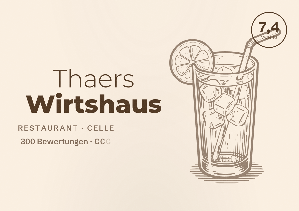 Illustriertes Poster von Thaers Wirtshaus, Restaurant in Celle: Bewertung 7,4 von 10 aus 300 Bewertungen, Preisniveau €€