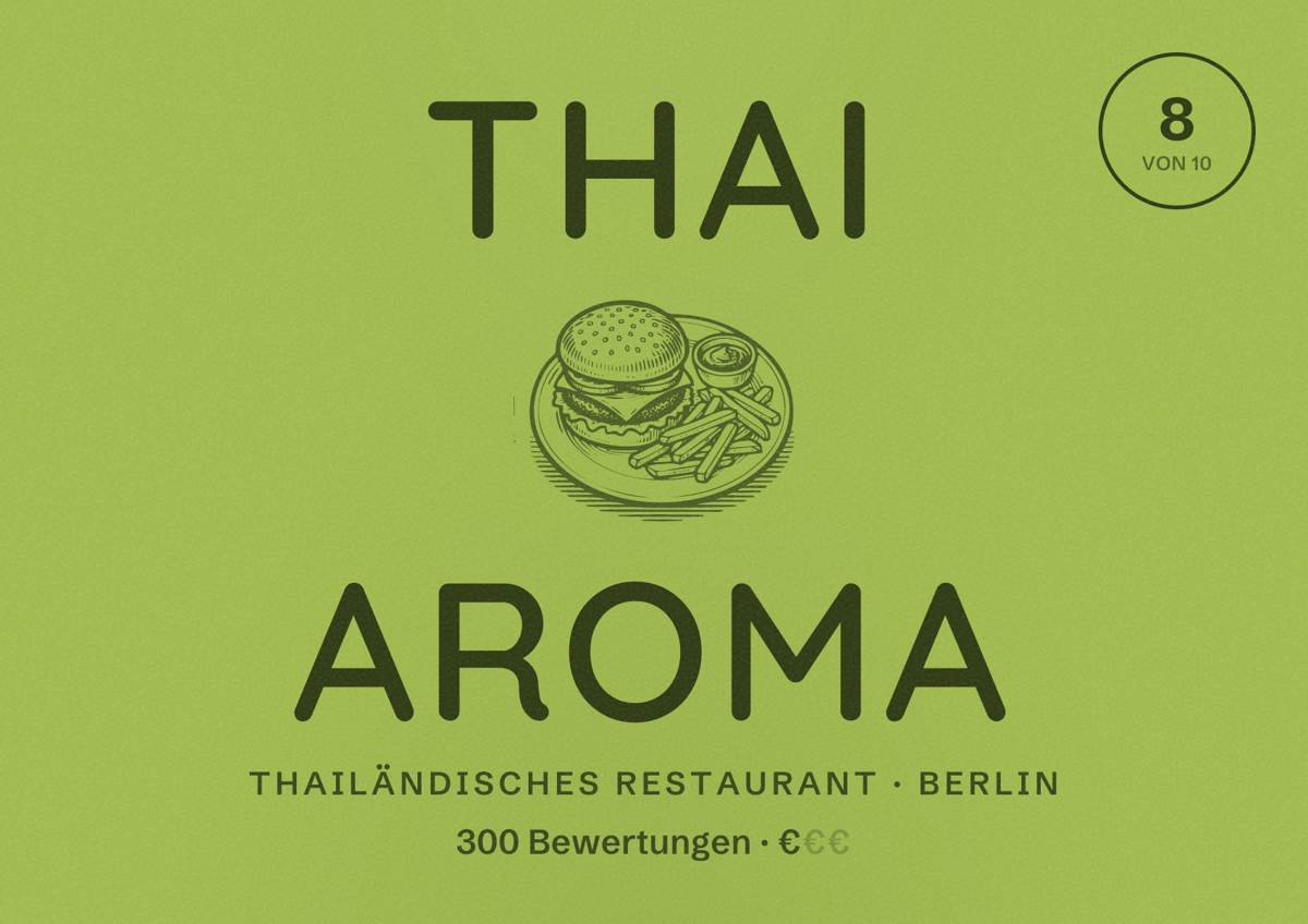 Illustriertes Poster von Thai Aroma, Thailändisches Restaurant in Berlin: Bewertung 8,0 von 10 aus 300 Bewertungen, Preisniveau €