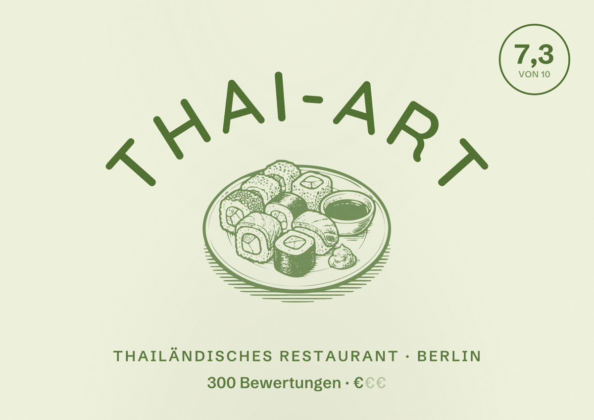 Illustriertes Poster von Thai-Art, Thailändisches Restaurant in Berlin: Bewertung 7,3 von 10 aus 300 Bewertungen, Preisniveau €
