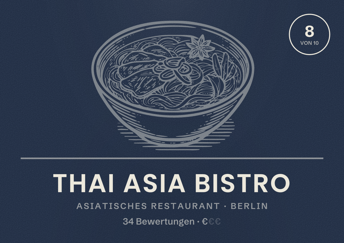 Illustriertes Poster von Thai Asia Bistro, Asiatisches Restaurant in Berlin: Bewertung 8,0 von 10 aus 34 Bewertungen, Preisniveau €