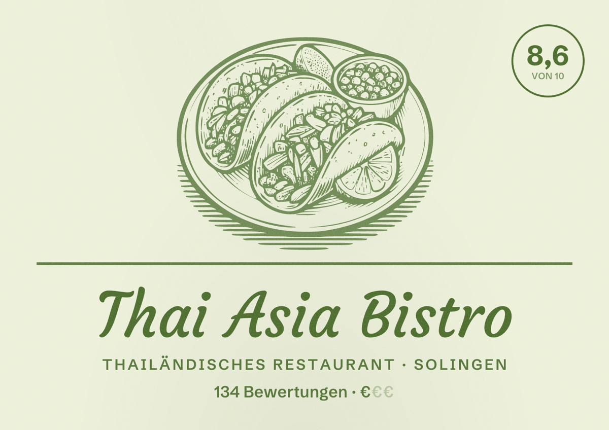 Illustriertes Poster von Thai Asia Bistro, Thailändisches Restaurant in Solingen: Bewertung 8,6 von 10 aus 134 Bewertungen, Preisniveau €