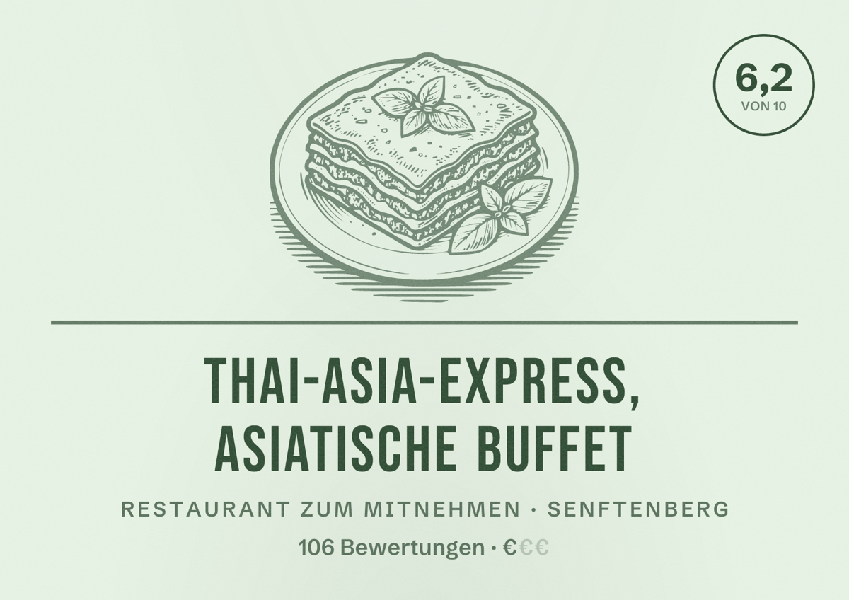 Illustriertes Poster von Thai-Asia-Express, asiatische Buffet, Restaurant zum Mitnehmen in Senftenberg: Bewertung 6,2 von 10 aus 106 Bewertungen, Preisniveau €