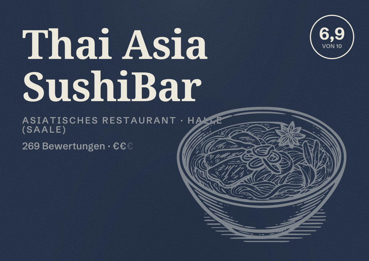 Illustriertes Poster von Thai Asia SushiBar, Asiatisches Restaurant in Halle (Saale): Bewertung 6,9 von 10 aus 269 Bewertungen, Preisniveau €€