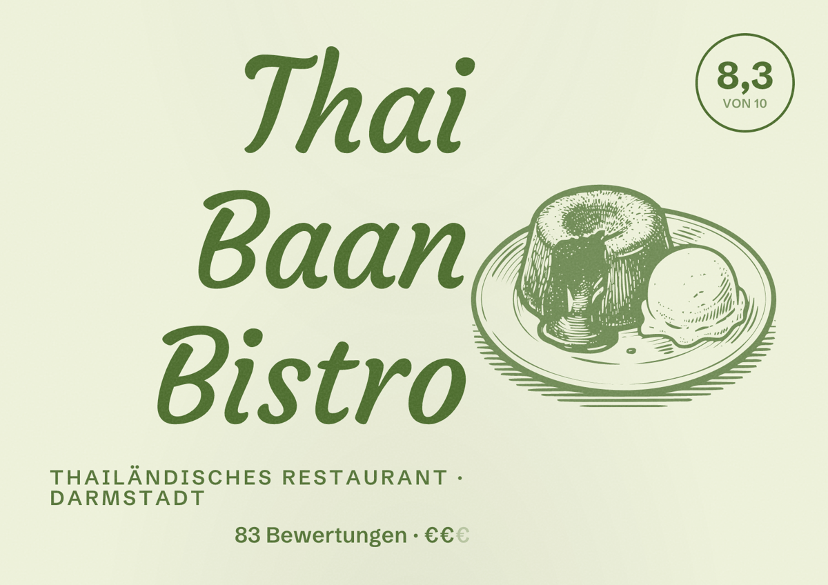 Illustriertes Poster von Thai Baan Bistro, Thailändisches Restaurant in Darmstadt: Bewertung 8,3 von 10 aus 83 Bewertungen, Preisniveau €€