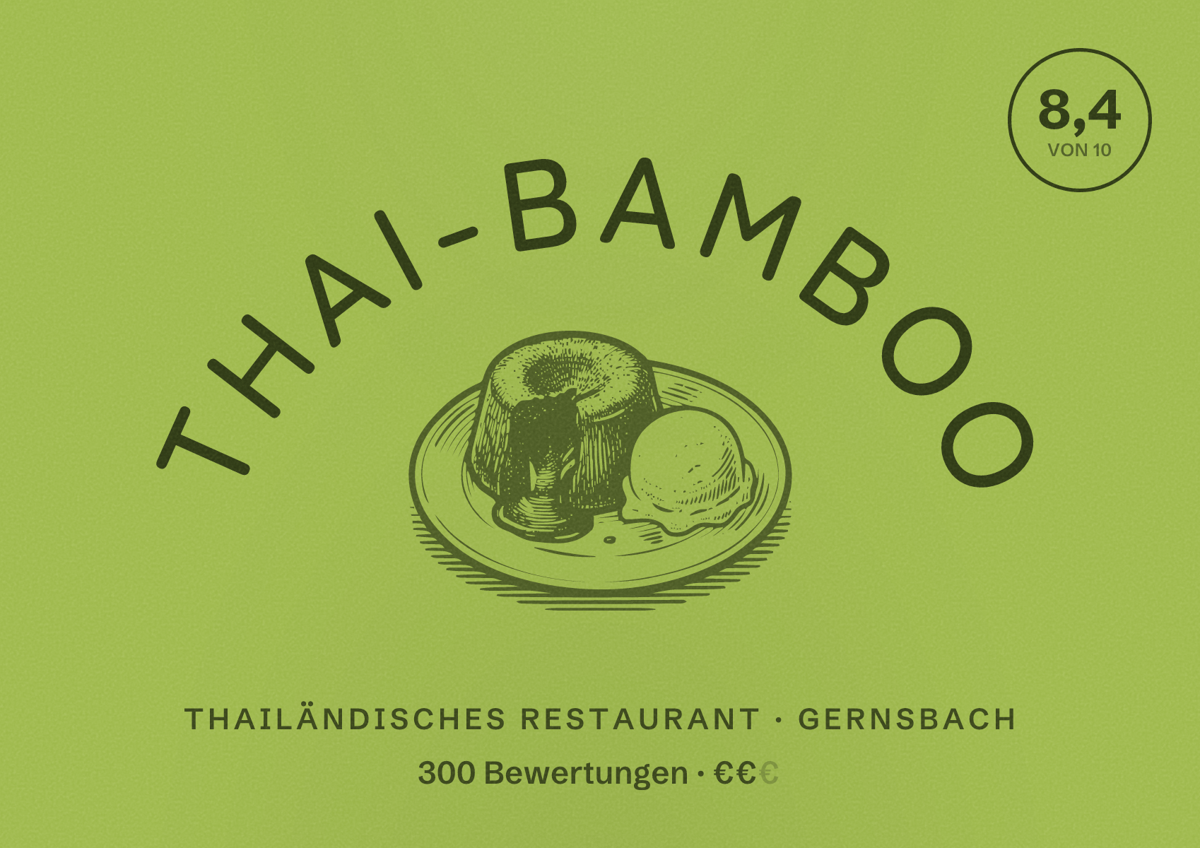 Illustriertes Poster von Thai-Bamboo, Thailändisches Restaurant in Gernsbach: Bewertung 8,4 von 10 aus 300 Bewertungen, Preisniveau €€