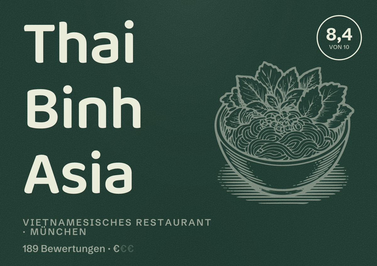 Illustriertes Poster von Thai Binh Asia, Vietnamesisches Restaurant in München: Bewertung 8,4 von 10 aus 189 Bewertungen, Preisniveau €