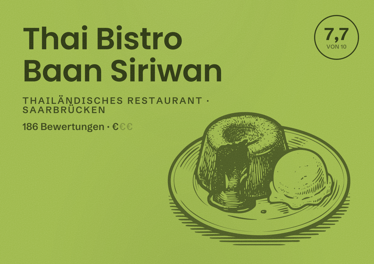 Illustriertes Poster von Thai Bistro Baan Siriwan, Thailändisches Restaurant in Saarbrücken: Bewertung 7,7 von 10 aus 186 Bewertungen, Preisniveau €