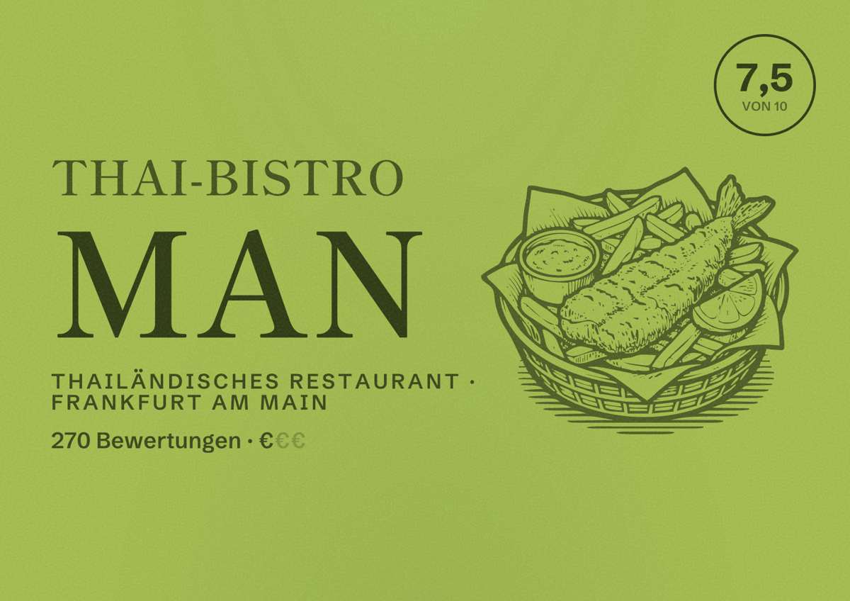 Illustriertes Poster von Thai-Bistro Man, Thailändisches Restaurant in Frankfurt am Main: Bewertung 7,5 von 10 aus 270 Bewertungen, Preisniveau €