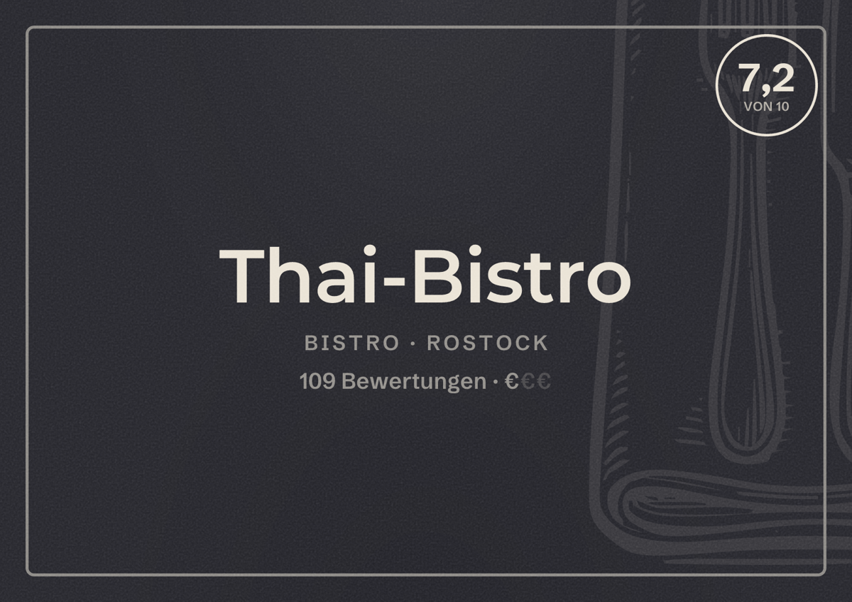 Illustriertes Poster von Thai-Bistro, Bistro in Rostock: Bewertung 7,2 von 10 aus 109 Bewertungen, Preisniveau €