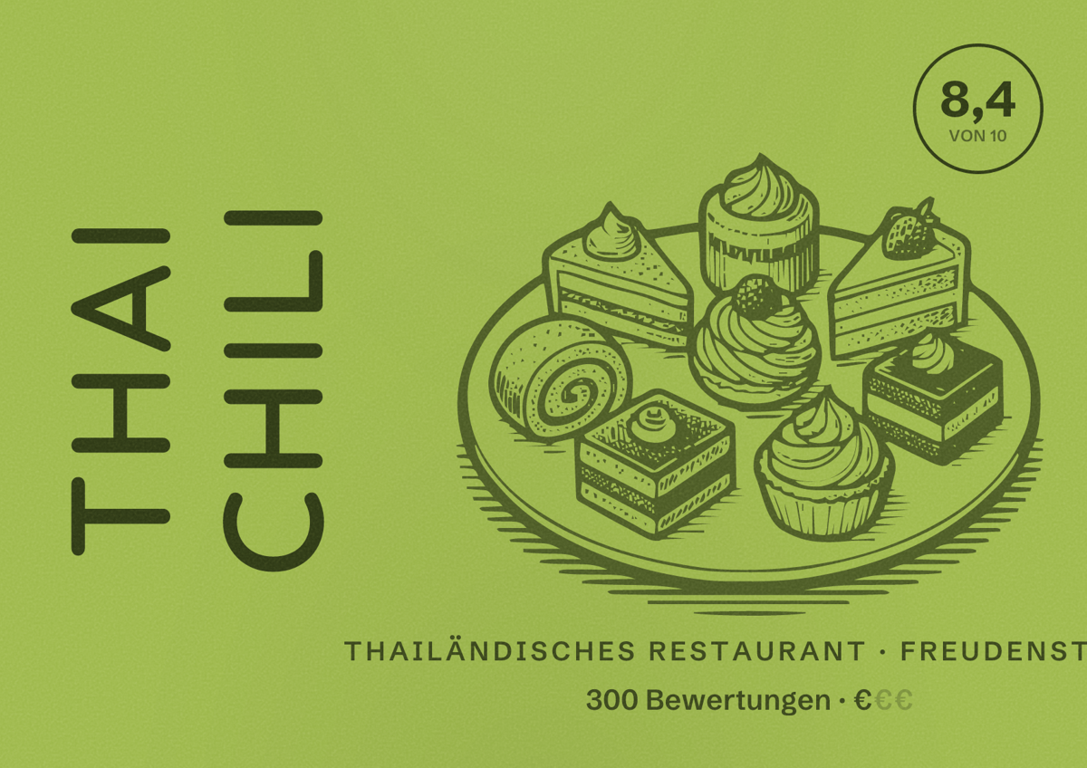 Illustriertes Poster von Thai Chili, Thailändisches Restaurant in Freudenstadt: Bewertung 8,4 von 10 aus 300 Bewertungen, Preisniveau €