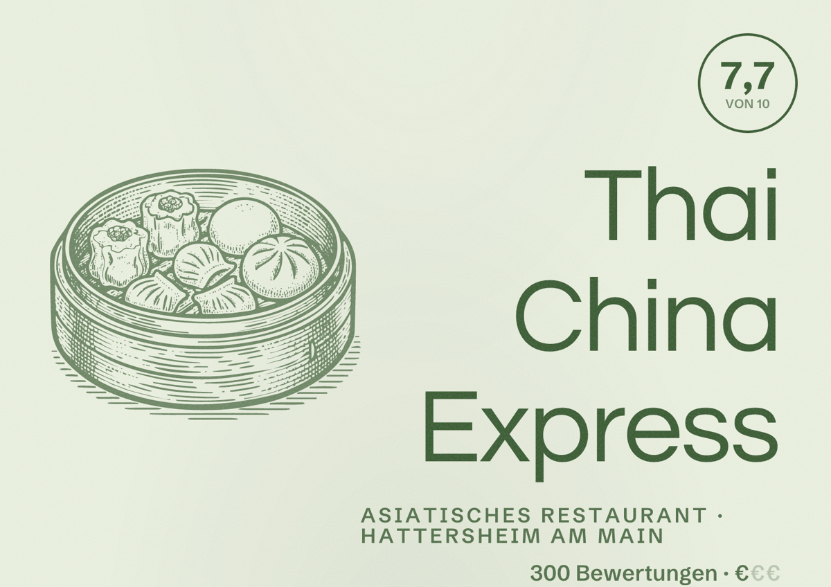 Illustriertes Poster von Thai China Express, Asiatisches Restaurant in Hattersheim am Main: Bewertung 7,7 von 10 aus 300 Bewertungen, Preisniveau €