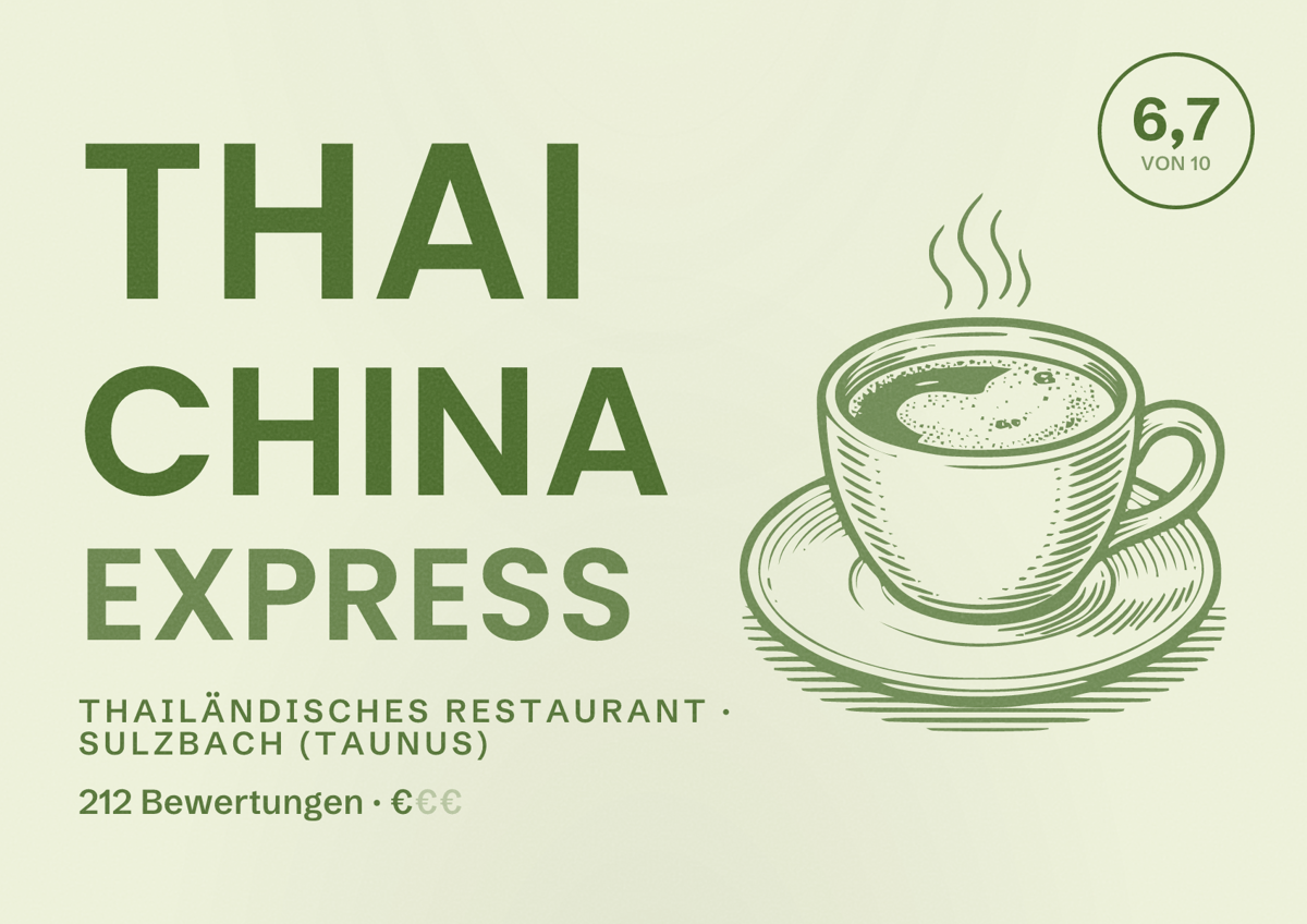 Illustriertes Poster von Thai China Express, Thailändisches Restaurant in Sulzbach (Taunus): Bewertung 6,7 von 10 aus 212 Bewertungen, Preisniveau €