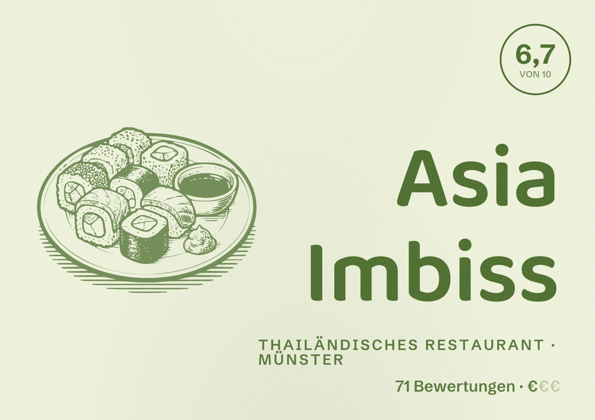 Illustriertes Poster von Asia Imbiss, Thailändisches Restaurant in Münster: Bewertung 6,7 von 10 aus 71 Bewertungen, Preisniveau €