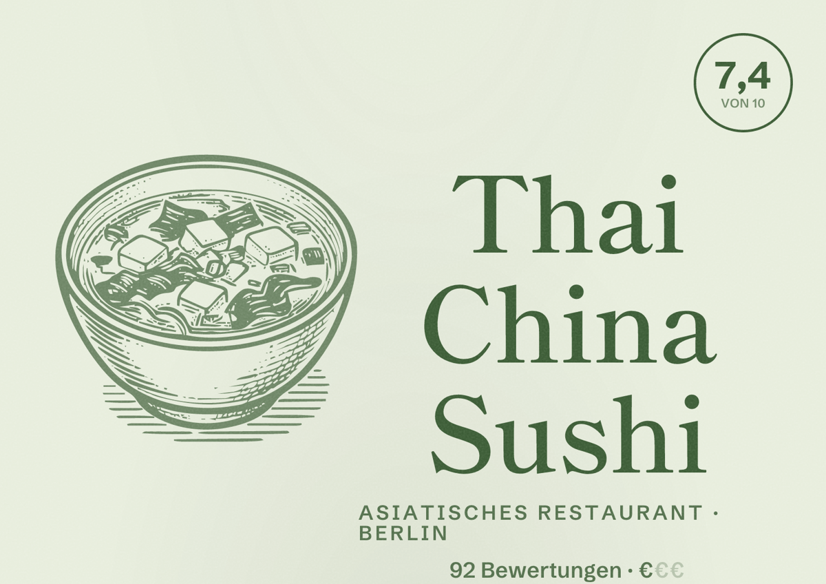 Illustriertes Poster von Thai China Sushi, Asiatisches Restaurant in Berlin: Bewertung 7,4 von 10 aus 92 Bewertungen, Preisniveau €