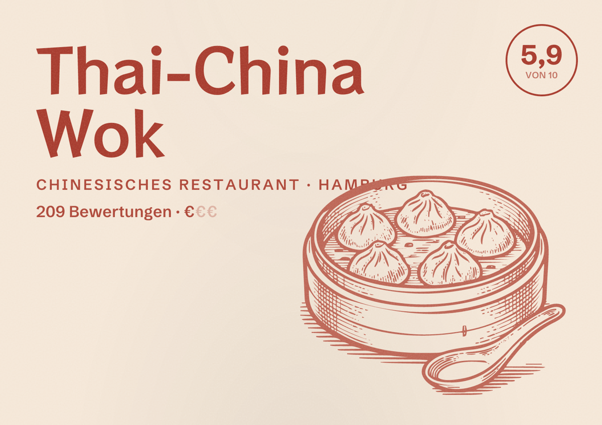 Illustriertes Poster von Thai-China Wok, Chinesisches Restaurant in Hamburg: Bewertung 5,9 von 10 aus 209 Bewertungen, Preisniveau €