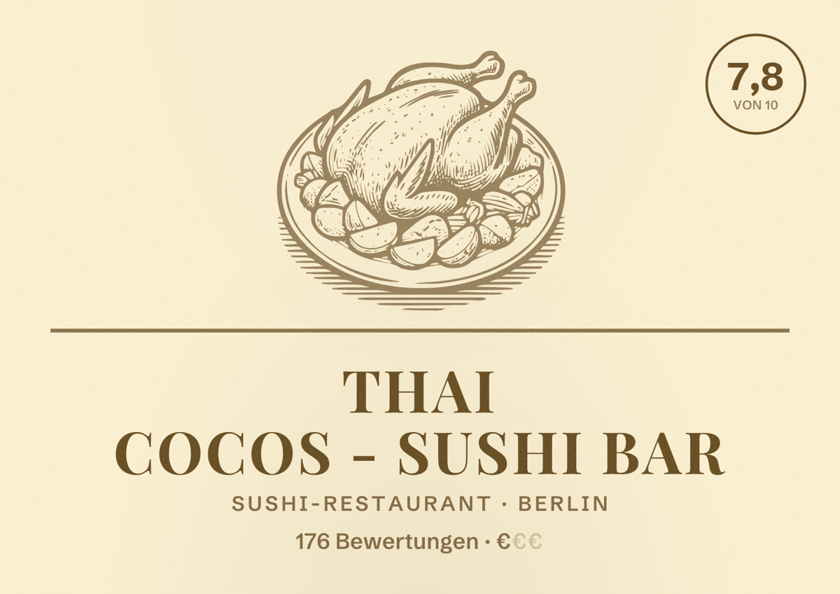 Illustriertes Poster von Thai Cocos - Sushi Bar, Sushi-Restaurant in Berlin: Bewertung 7,8 von 10 aus 176 Bewertungen, Preisniveau €