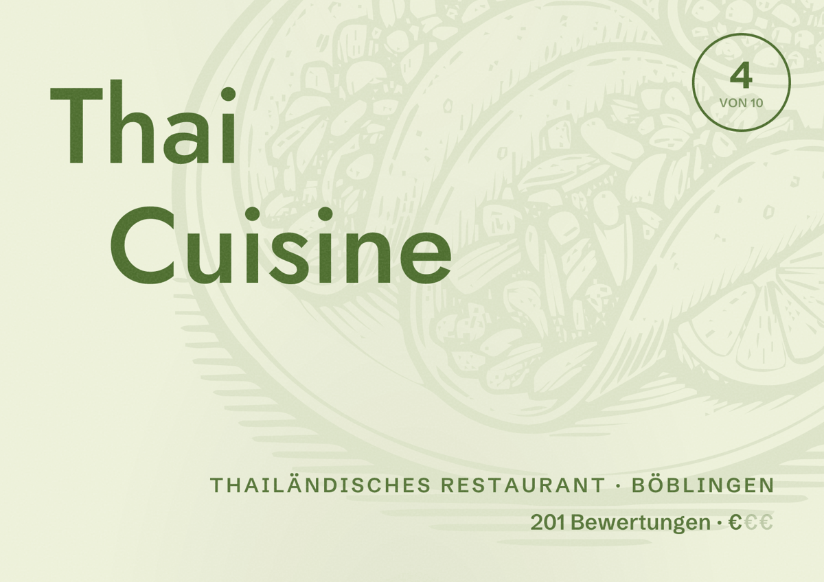 Illustriertes Poster von Thai Cuisine, Thailändisches Restaurant in Böblingen: Bewertung 4 von 10 aus 201 Bewertungen, Preisniveau €