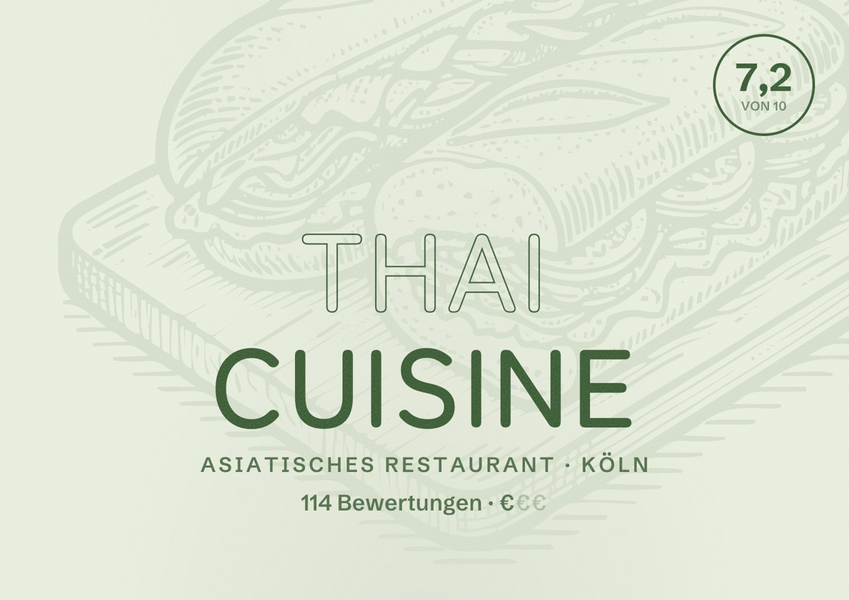 Illustriertes Poster von Thai Cuisine, Asiatisches Restaurant in Köln: Bewertung 7,2 von 10 aus 114 Bewertungen, Preisniveau €