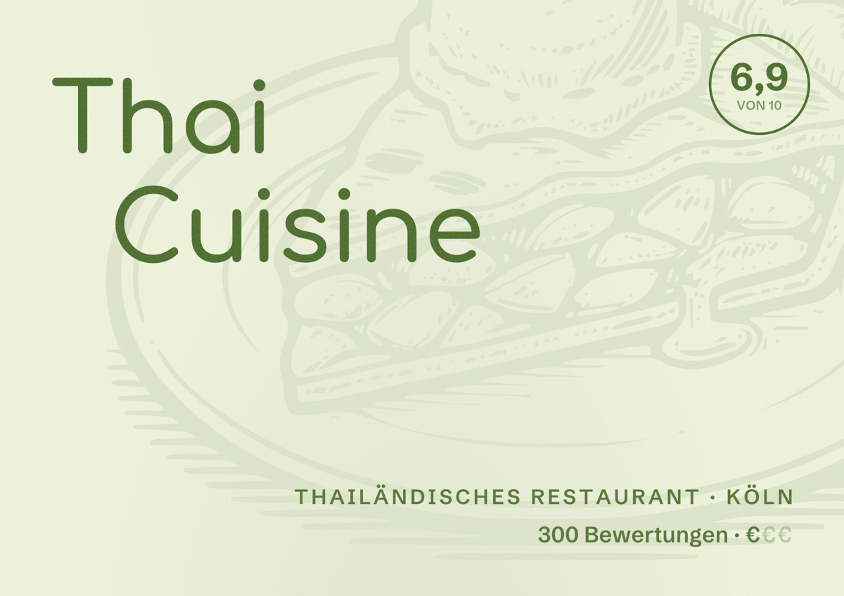 Illustriertes Poster von Thai Cuisine, Thailändisches Restaurant in Köln: Bewertung 6,9 von 10 aus 300 Bewertungen, Preisniveau €