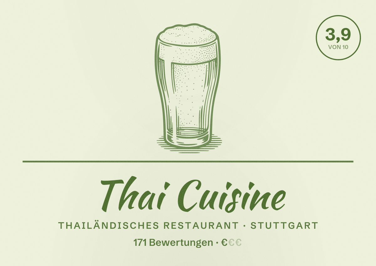 Illustriertes Poster von Thai Cuisine, Thailändisches Restaurant in Stuttgart: Bewertung 3,9 von 10 aus 171 Bewertungen, Preisniveau €