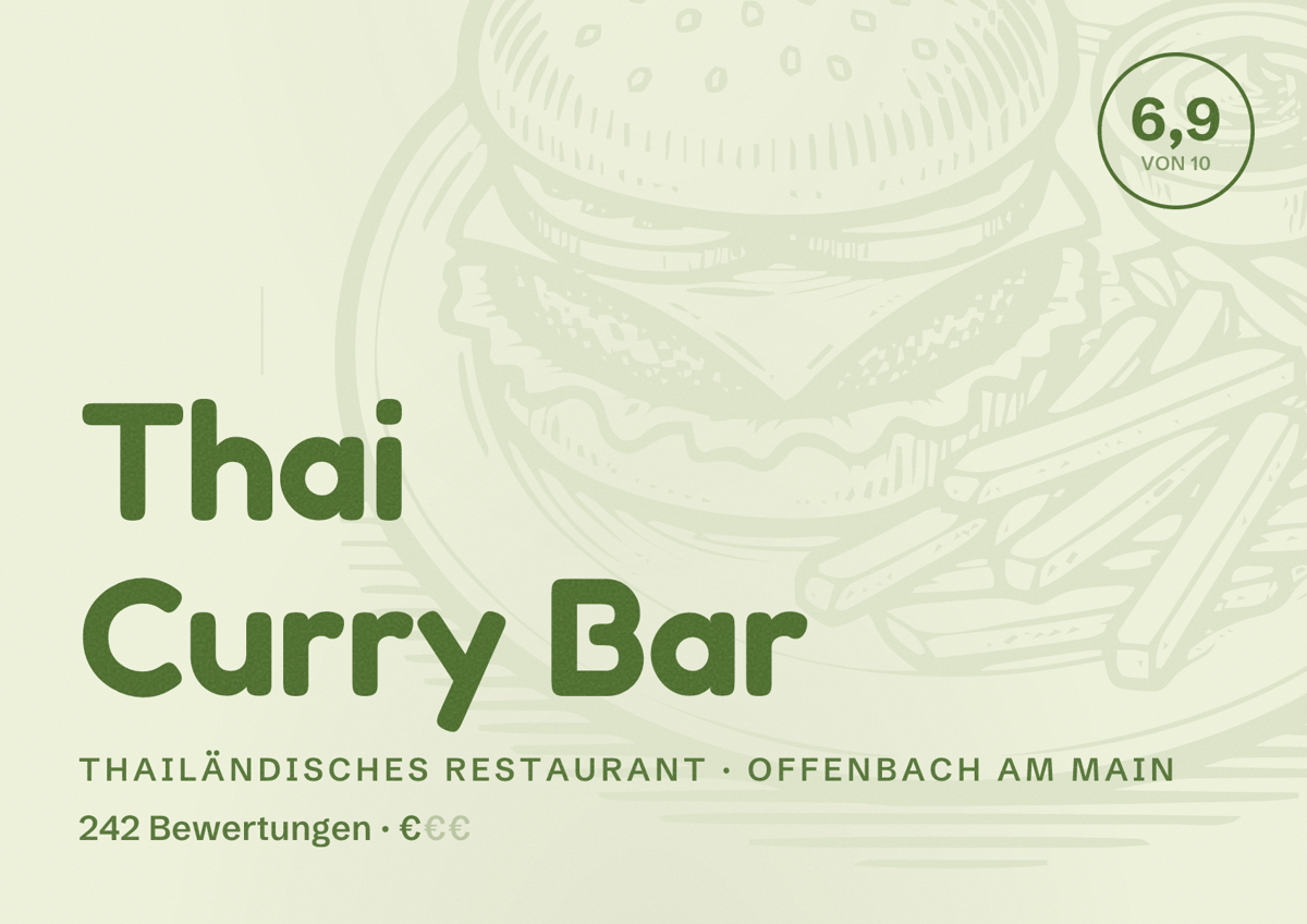 Illustriertes Poster von Thai Curry Bar, Thailändisches Restaurant in Offenbach am Main: Bewertung 6,9 von 10 aus 242 Bewertungen, Preisniveau €