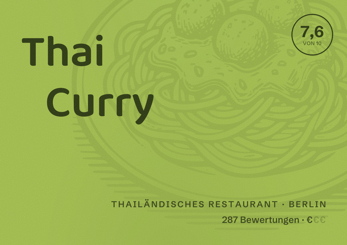 Illustriertes Poster von Thai Curry, Thailändisches Restaurant in Berlin: Bewertung 7,6 von 10 aus 287 Bewertungen, Preisniveau €