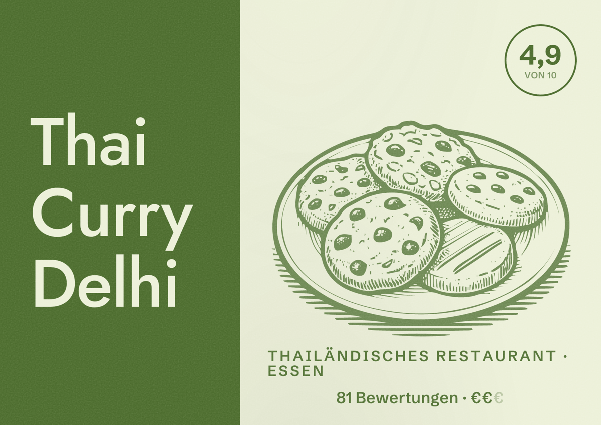 Illustriertes Poster von Thai Curry Delhi, Thailändisches Restaurant in Essen: Gästebewertung 4,9 von 10 aus 81 Bewertungen