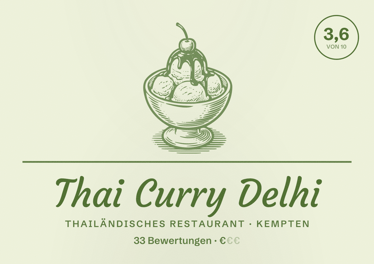 Illustriertes Poster von Thai Curry Delhi, Thailändisches Restaurant in Kempten: Bewertung 3,6 von 10 aus 33 Bewertungen, Preisniveau €