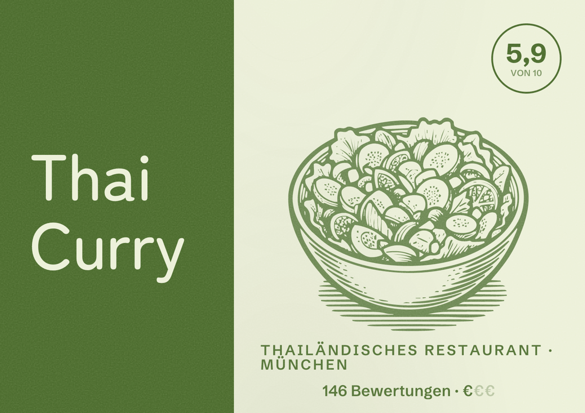 Illustriertes Poster von Thai Curry, Thailändisches Restaurant in München: Bewertung 5,9 von 10 aus 146 Bewertungen, Preisniveau €