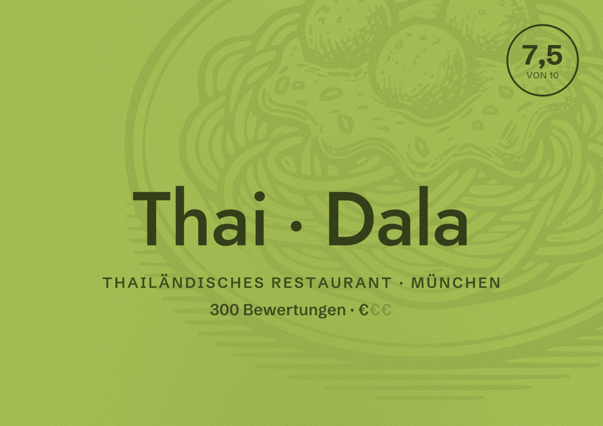 Illustriertes Poster von Thai Dala, Thailändisches Restaurant in München: Bewertung 7,5 von 10 aus 300 Bewertungen, Preisniveau €