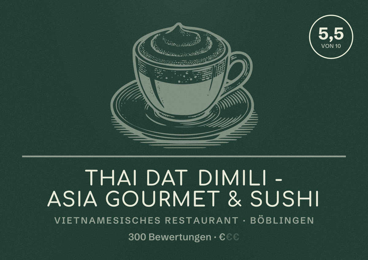 Illustriertes Poster von Thai Dat Dimili - Asia Gourmet & Sushi, Vietnamesisches Restaurant in Böblingen: Bewertung 5,5 von 10 aus 300 Bewertungen, Preisniveau €