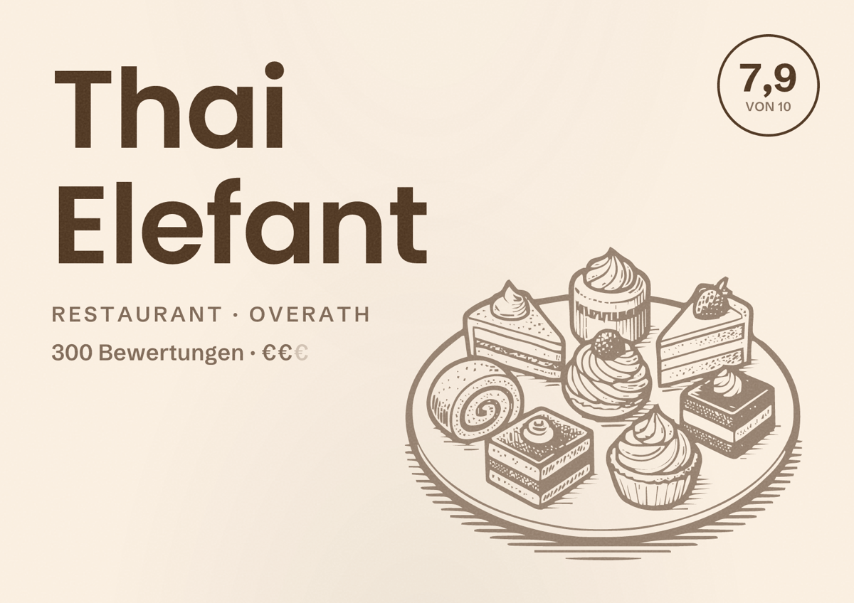Illustriertes Poster von Thai Elefant, Restaurant in Overath: Bewertung 7,9 von 10 aus 300 Bewertungen, Preisniveau €€