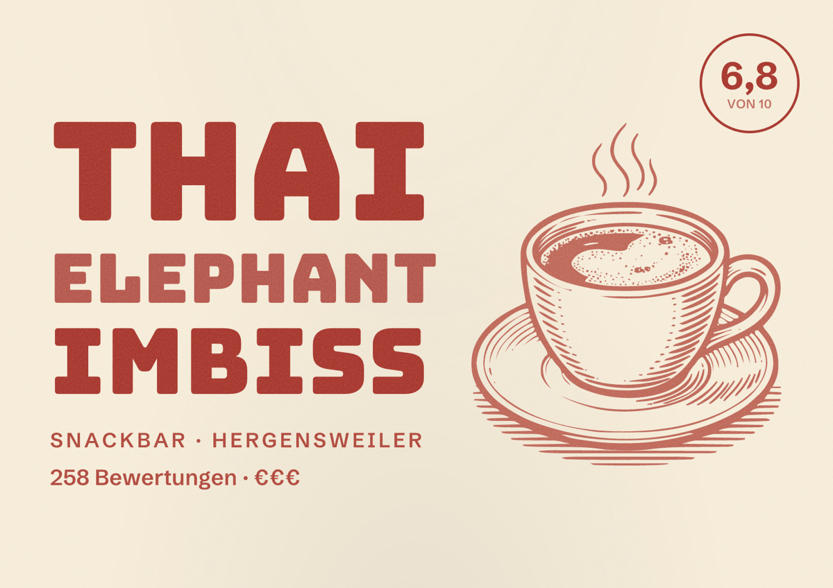 Illustriertes Poster von Thai Elephant Imbiss, Snackbar in Hergensweiler: Bewertung 6,8 von 10 aus 258 Bewertungen, Preisniveau €€€