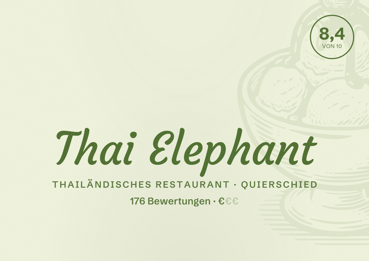 Illustriertes Poster von Thai Elephant, Thailändisches Restaurant in Quierschied: Bewertung 8,4 von 10 aus 176 Bewertungen, Preisniveau €