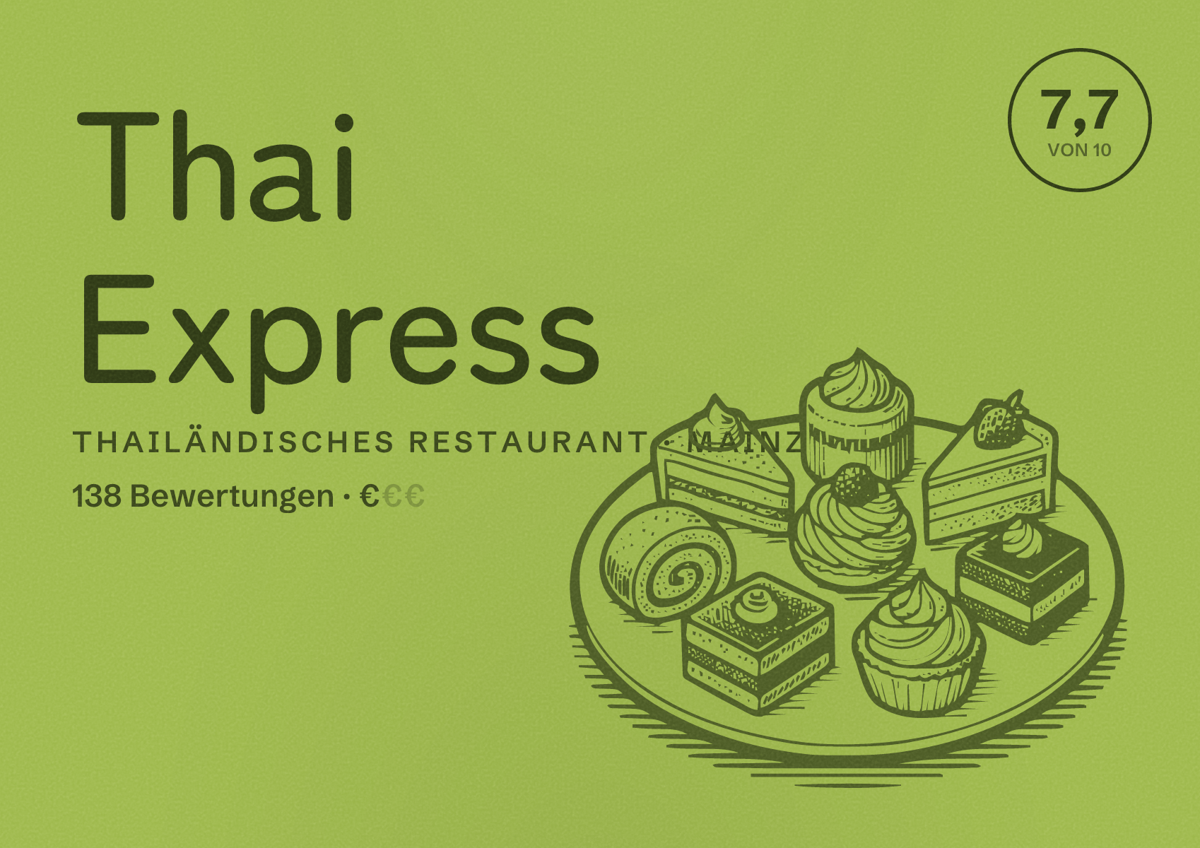 Illustriertes Poster von Thai Express, Thailändisches Restaurant in Mainz: Bewertung 7,7 von 10 aus 138 Bewertungen, Preisniveau €