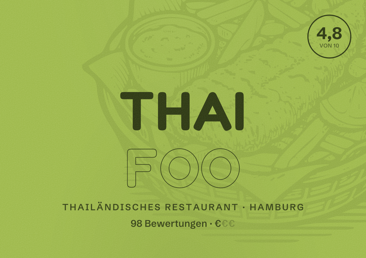 Illustriertes Poster von Thai Foo, Thailändisches Restaurant in Hamburg: Bewertung 4,8 von 10 aus 98 Bewertungen, Preisniveau €
