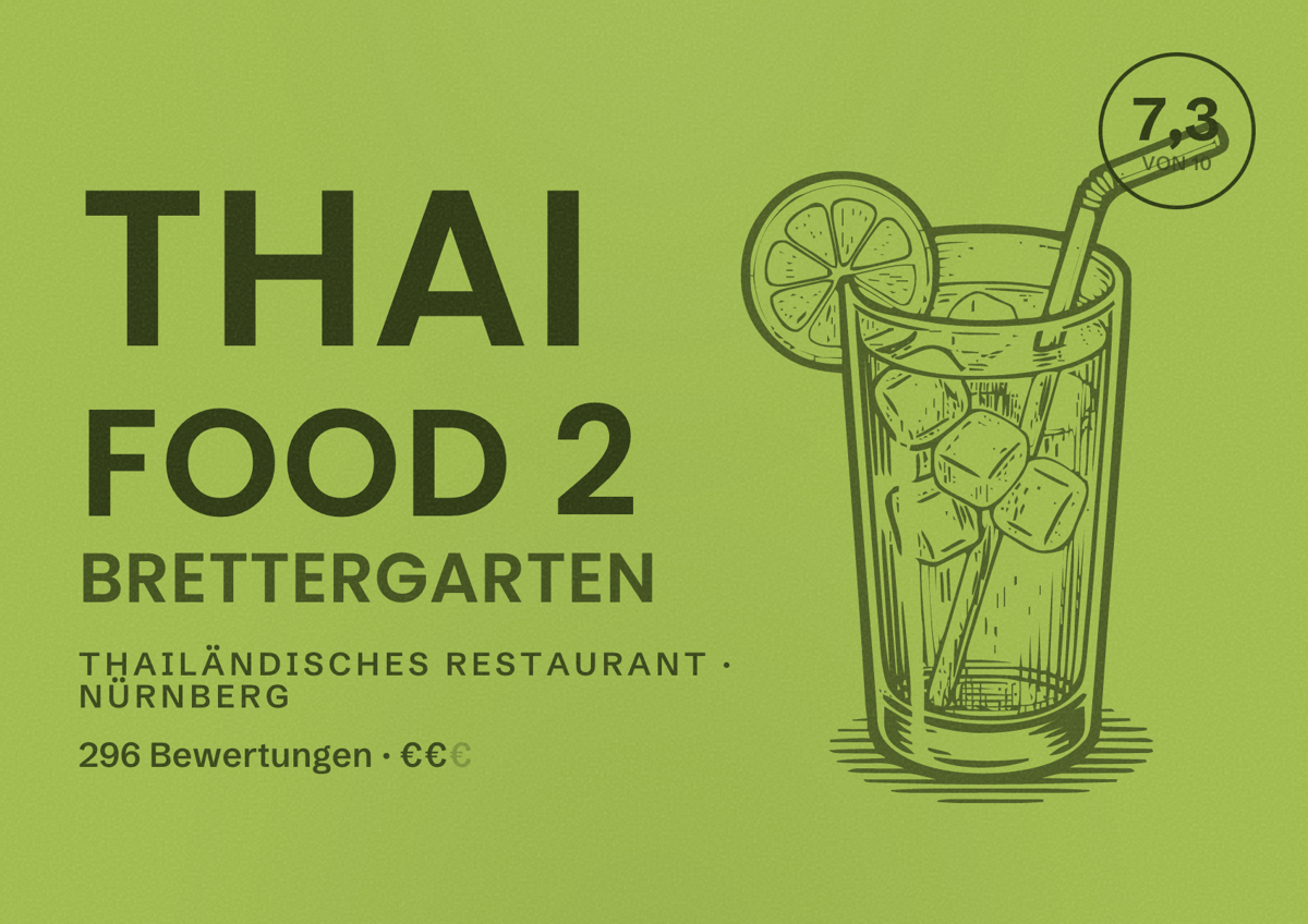 Illustriertes Poster von Thai Food 2 Brettergarten, Thailändisches Restaurant in Nürnberg: Gästebewertung 7,3 von 10 aus 296 Bewertungen