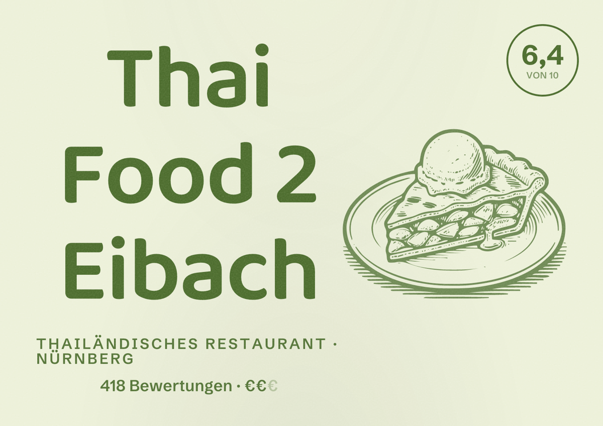 Illustriertes Poster von Thai Food 2 Eibach, Thailändisches Restaurant in Nürnberg: Bewertung 6,4 von 10 aus 418 Bewertungen, Preisniveau €€