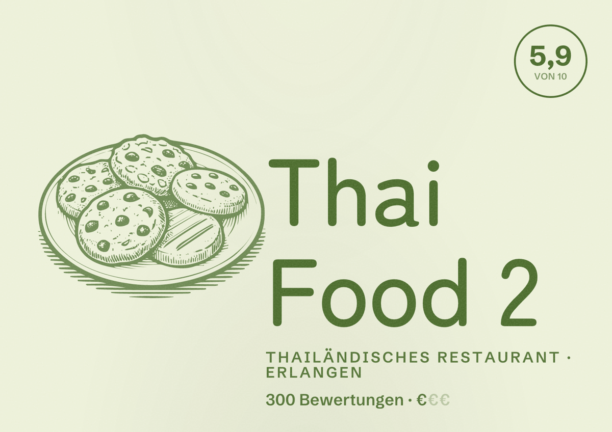 Illustriertes Poster von Thai Food 2, Thailändisches Restaurant in Erlangen: Bewertung 5,9 von 10 aus 300 Bewertungen, Preisniveau €
