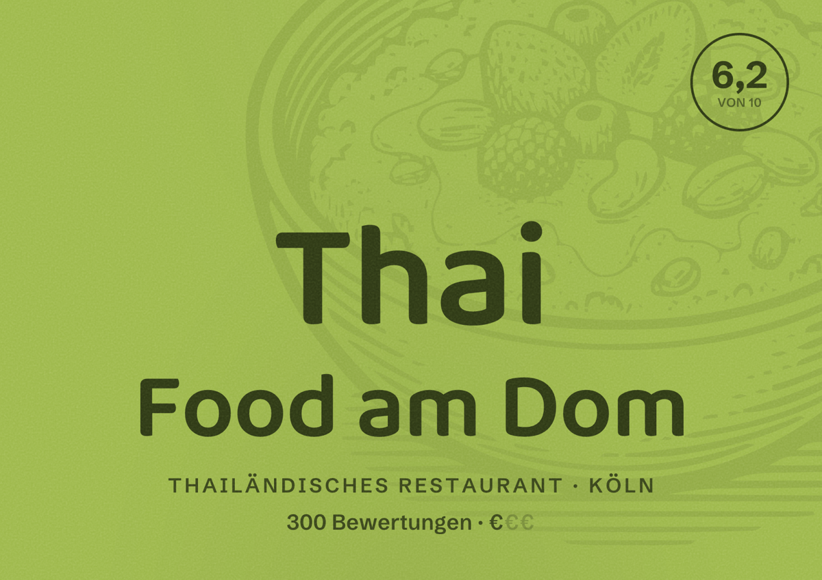 Illustriertes Poster von Thai Food am Dom, Thailändisches Restaurant in Köln: Bewertung 6,2 von 10 aus 300 Bewertungen, Preisniveau €