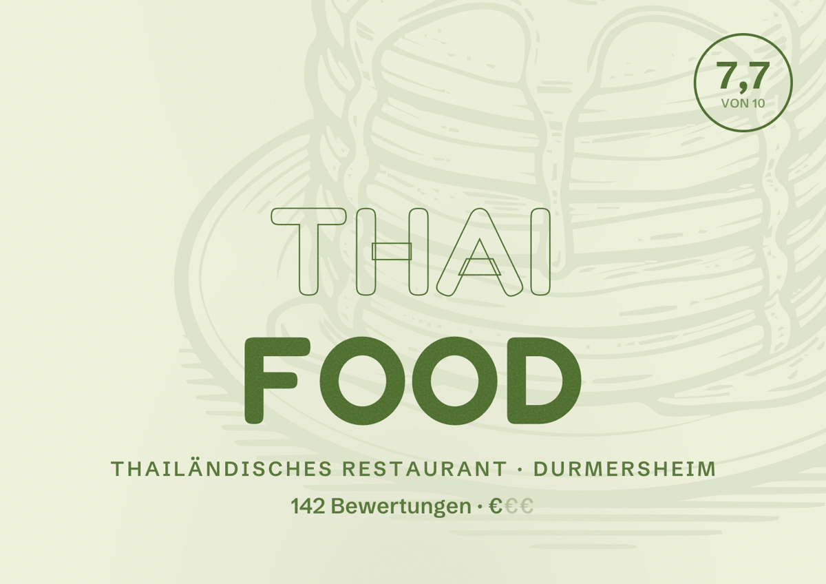 Illustriertes Poster von Thai food, Thailändisches Restaurant in Durmersheim: Bewertung 7,7 von 10 aus 142 Bewertungen, Preisniveau €