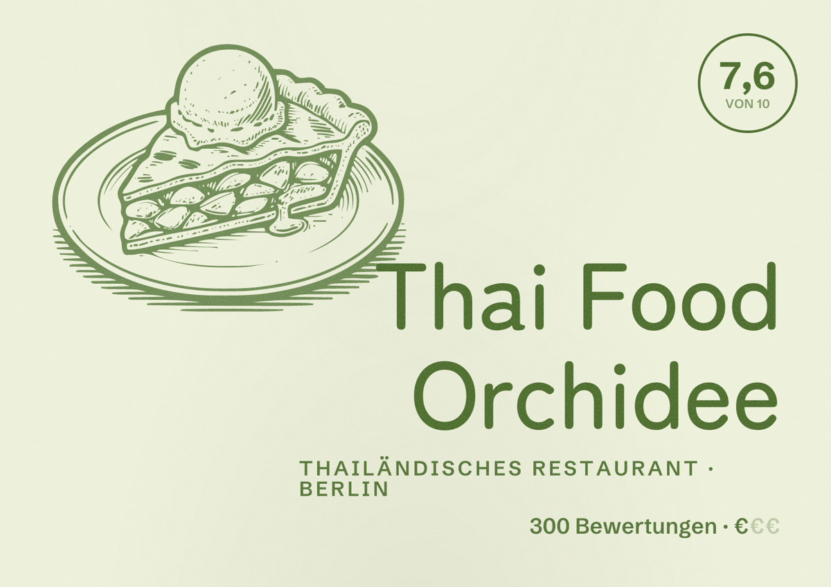 Illustriertes Poster von Thai Food Orchidee, Thailändisches Restaurant in Berlin: Bewertung 7,6 von 10 aus 300 Bewertungen, Preisniveau €