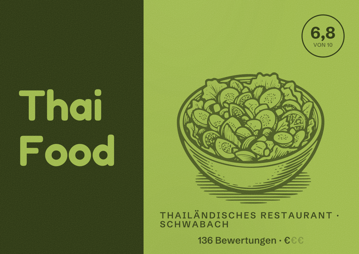 Illustriertes Poster von Thai Food, Thailändisches Restaurant in Schwabach: Bewertung 6,8 von 10 aus 136 Bewertungen, Preisniveau €