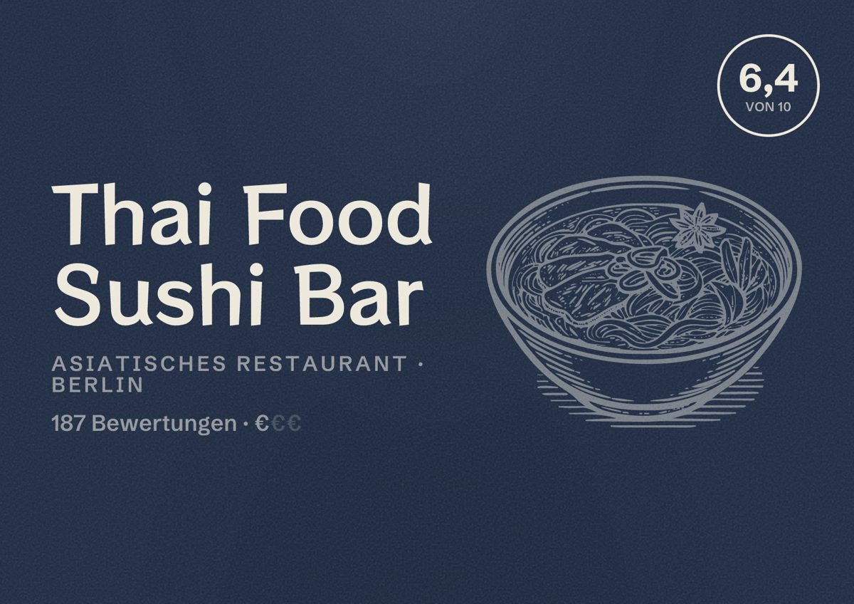 Illustriertes Poster von Thai Food Sushi Bar, Asiatisches Restaurant in Berlin: Bewertung 6,4 von 10 aus 187 Bewertungen, Preisniveau €