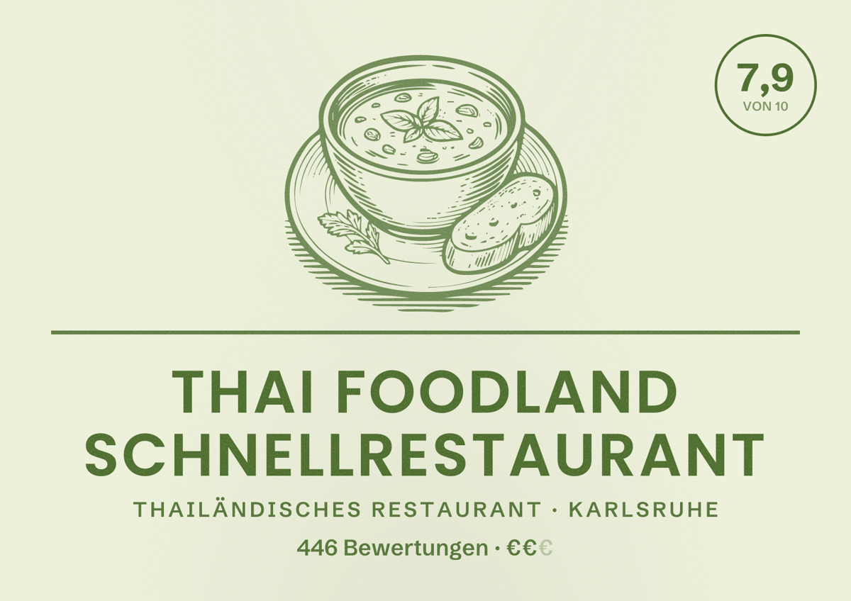Illustriertes Poster von Thai Foodland Schnellrestaurant, Thailändisches Restaurant in Karlsruhe: Bewertung 7,9 von 10 aus 446 Bewertungen, Preisniveau €€